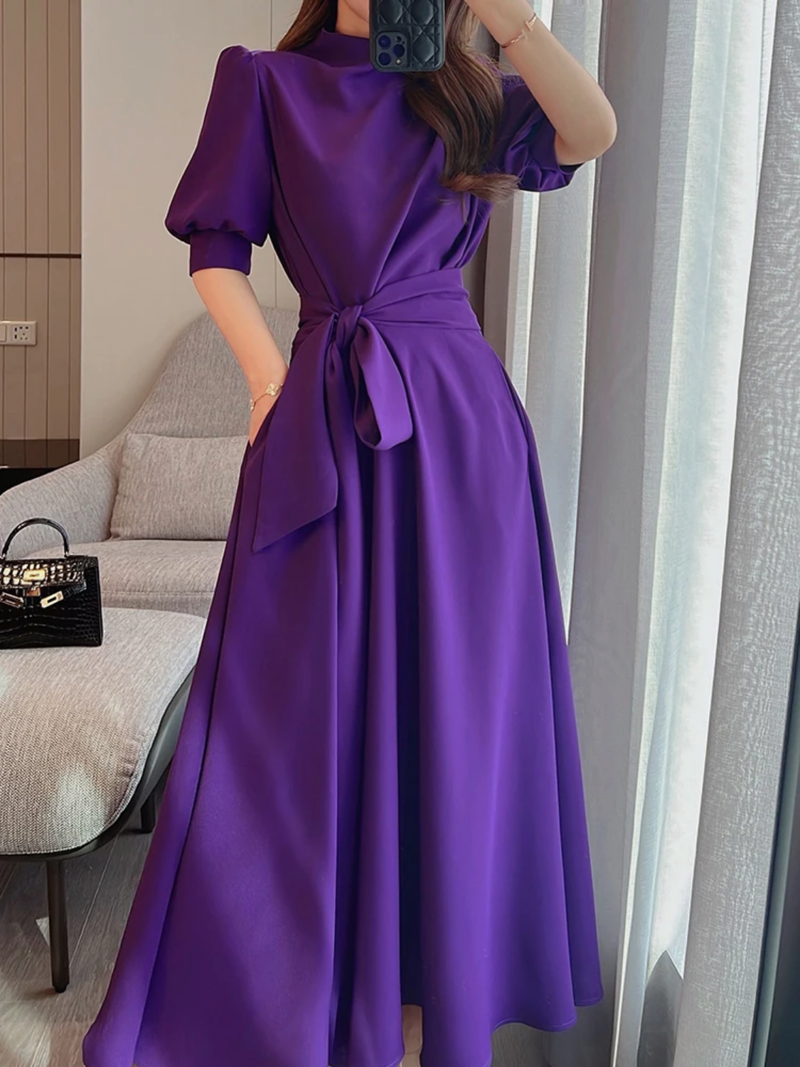Purple Lantern Sleeve High Waist Half High Collar Sashes Dress
