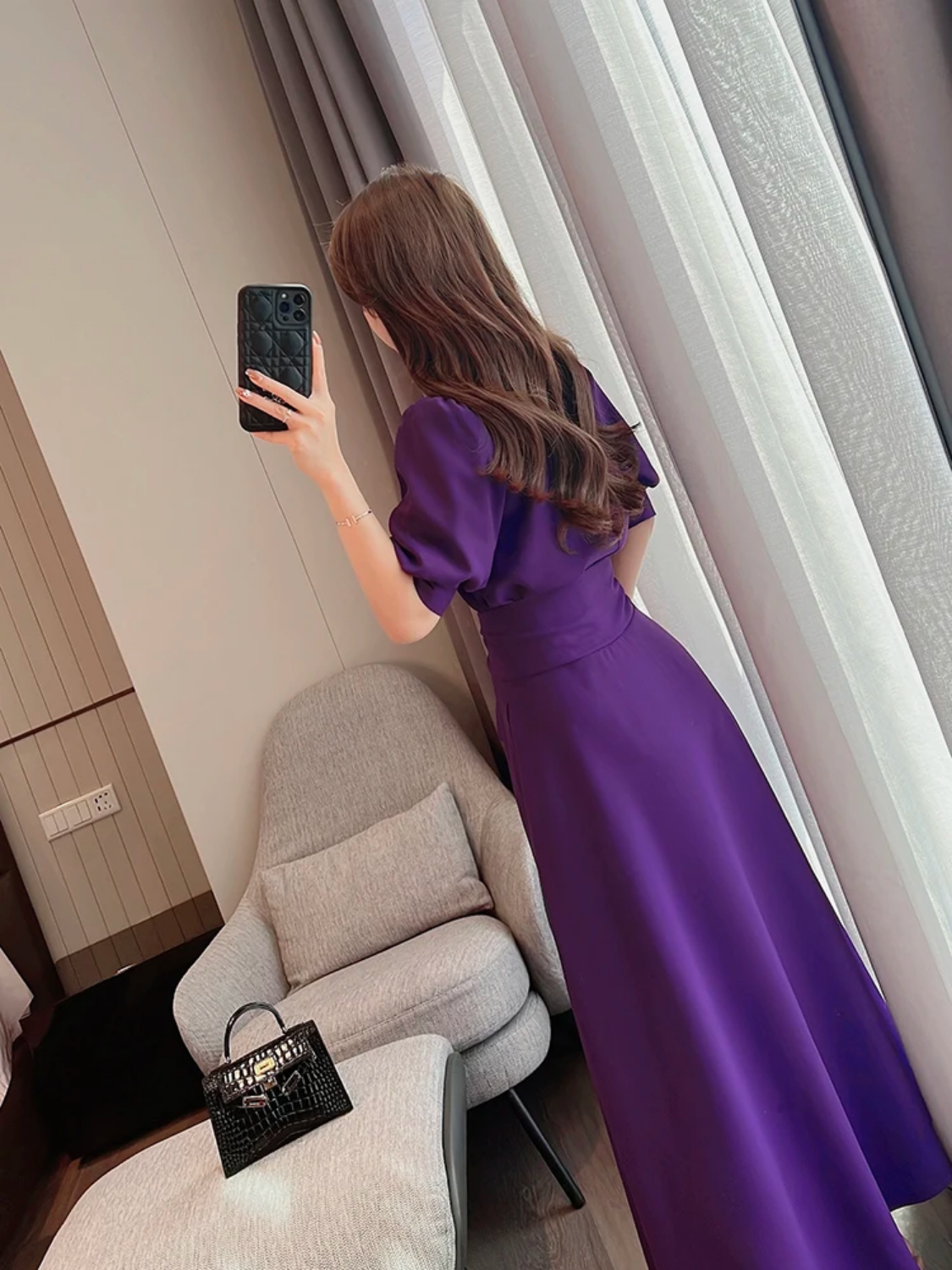 Purple Lantern Sleeve High Waist Half High Collar Sashes Dress