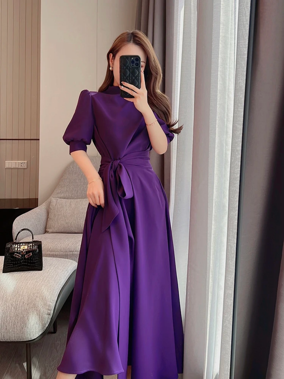 Purple Lantern Sleeve High Waist Half High Collar Sashes Dress