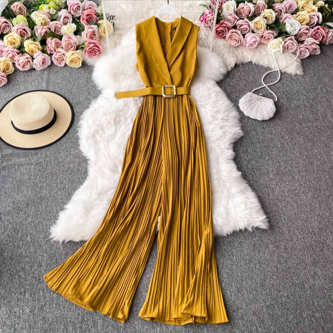 Pleated High Waist Notched One-piece Fashion Flared Wide Leg Jumpsuit