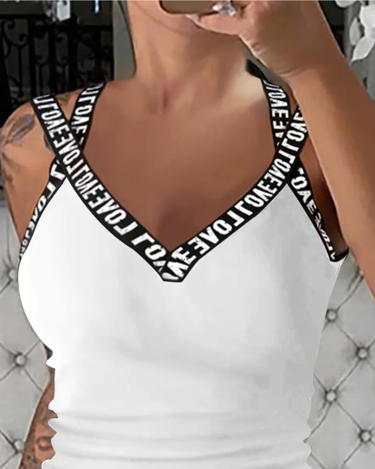 Summer V-Neck Solid Color Sleeveless Tank Top Letter Print Top