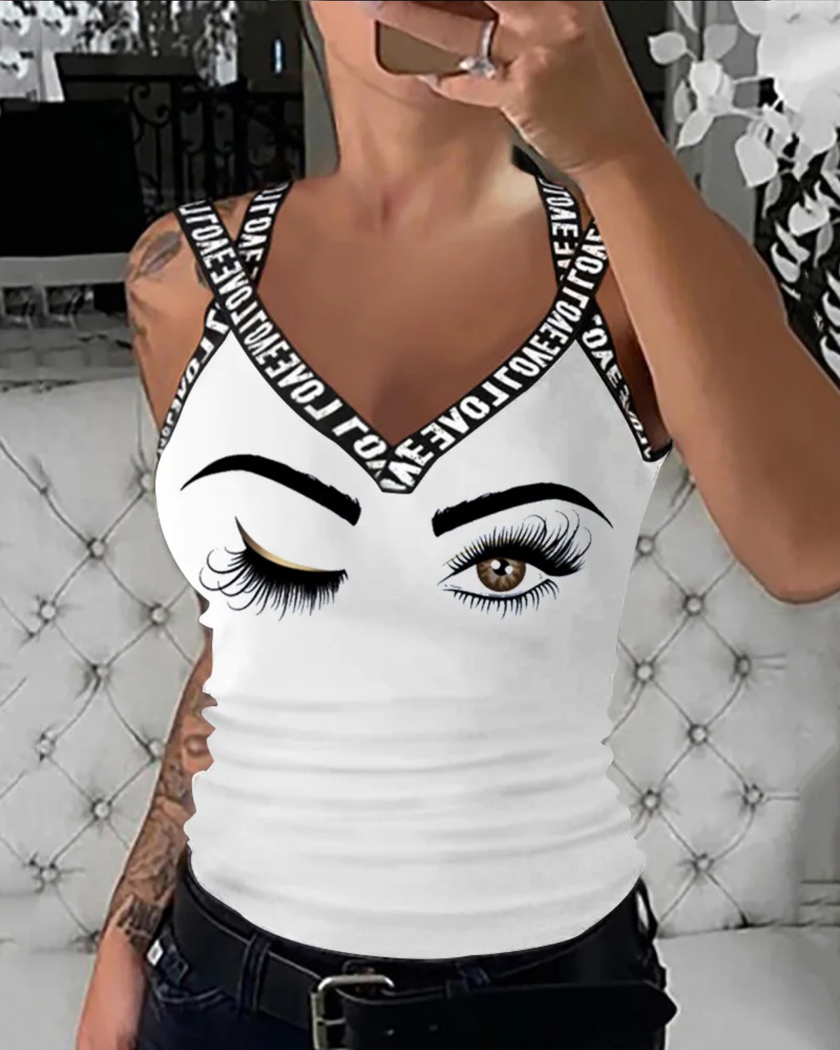 Summer V-Neck Solid Color Sleeveless Tank Top Letter Print Top