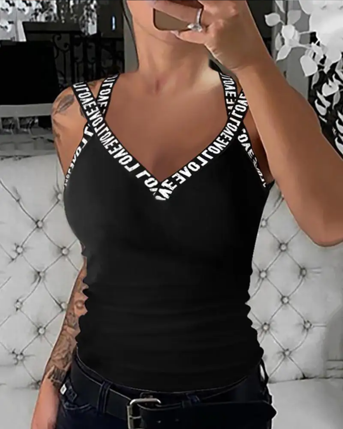 Summer V-Neck Solid Color Sleeveless Tank Top Letter Print Top