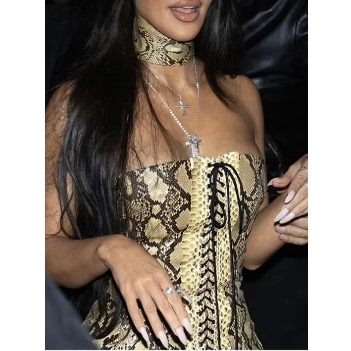 2024 Sexy Strapless Print Lace Up Snake Skin Maxi Bodycon Bandage Dress