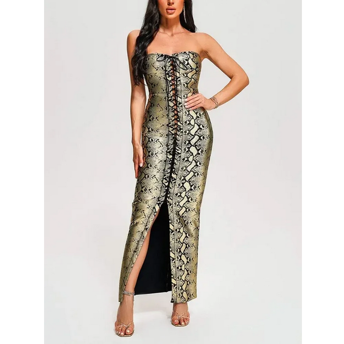 2024 Sexy Strapless Print Lace Up Snake Skin Maxi Bodycon Bandage Dress