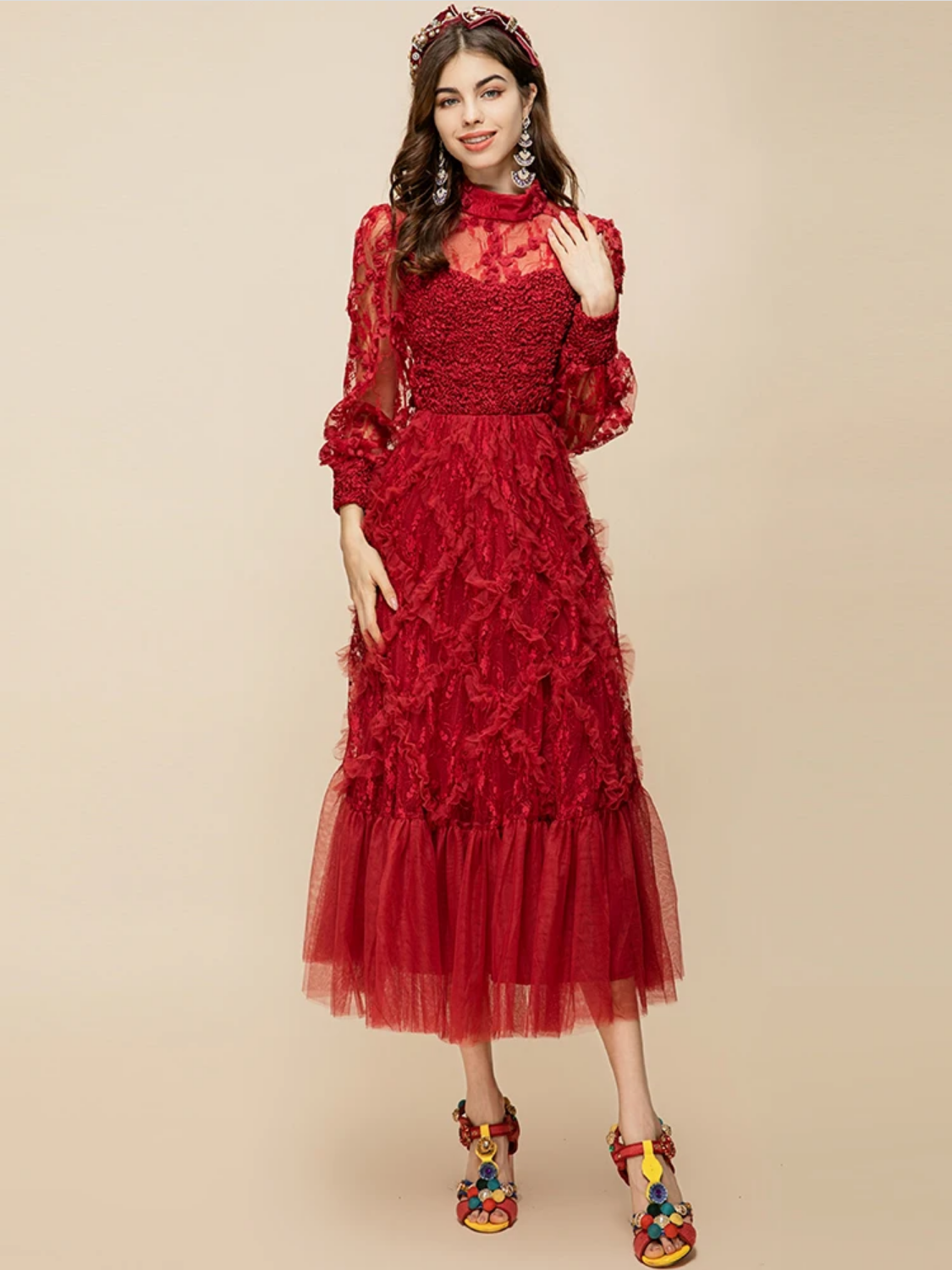Summer Mesh Lantern Sleeve Lace Ruffle Trim-hem High Waist Red Party Long Dress