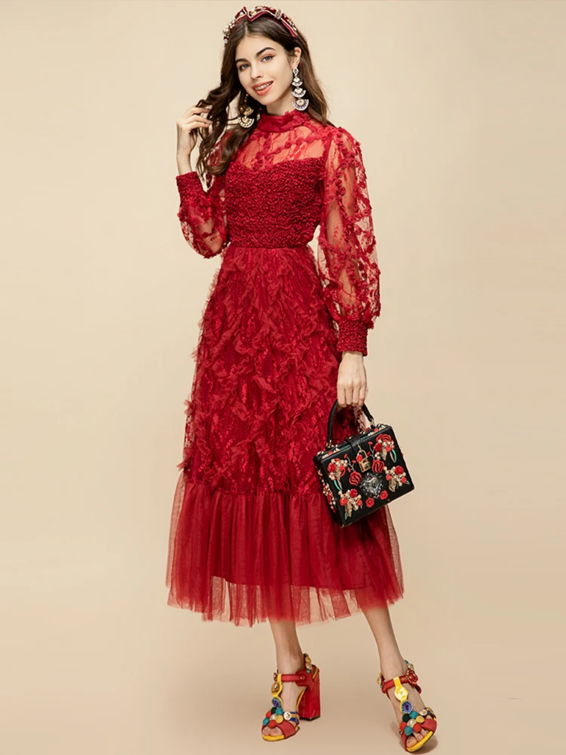 Summer Mesh Lantern Sleeve Lace Ruffle Trim-hem High Waist Red Party Long Dress