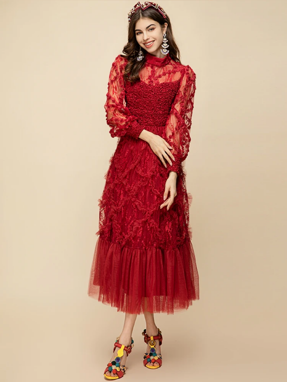 Summer Mesh Lantern Sleeve Lace Ruffle Trim-hem High Waist Red Party Long Dress