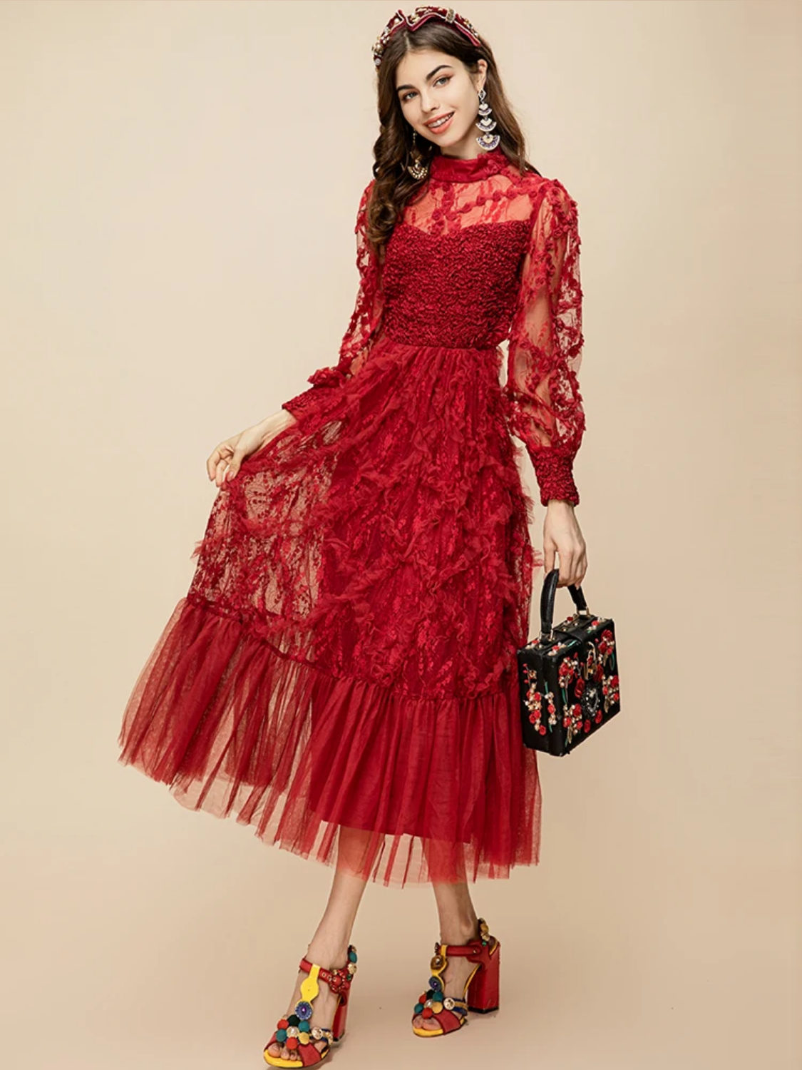 Summer Mesh Lantern Sleeve Lace Ruffle Trim-hem High Waist Red Party Long Dress