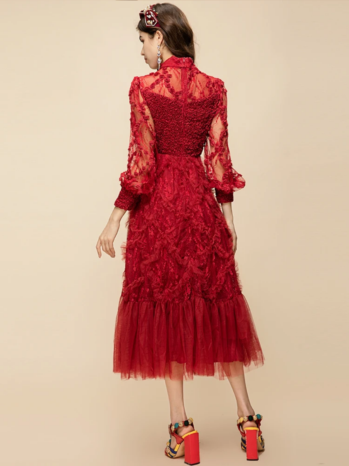 Summer Mesh Lantern Sleeve Lace Ruffle Trim-hem High Waist Red Party Long Dress