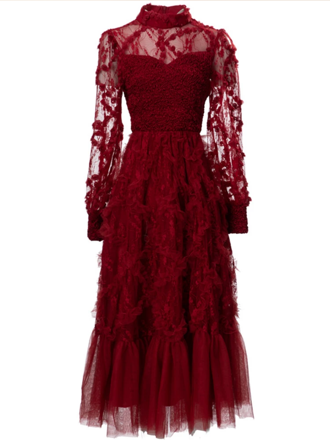Summer Mesh Lantern Sleeve Lace Ruffle Trim-hem High Waist Red Party Long Dress