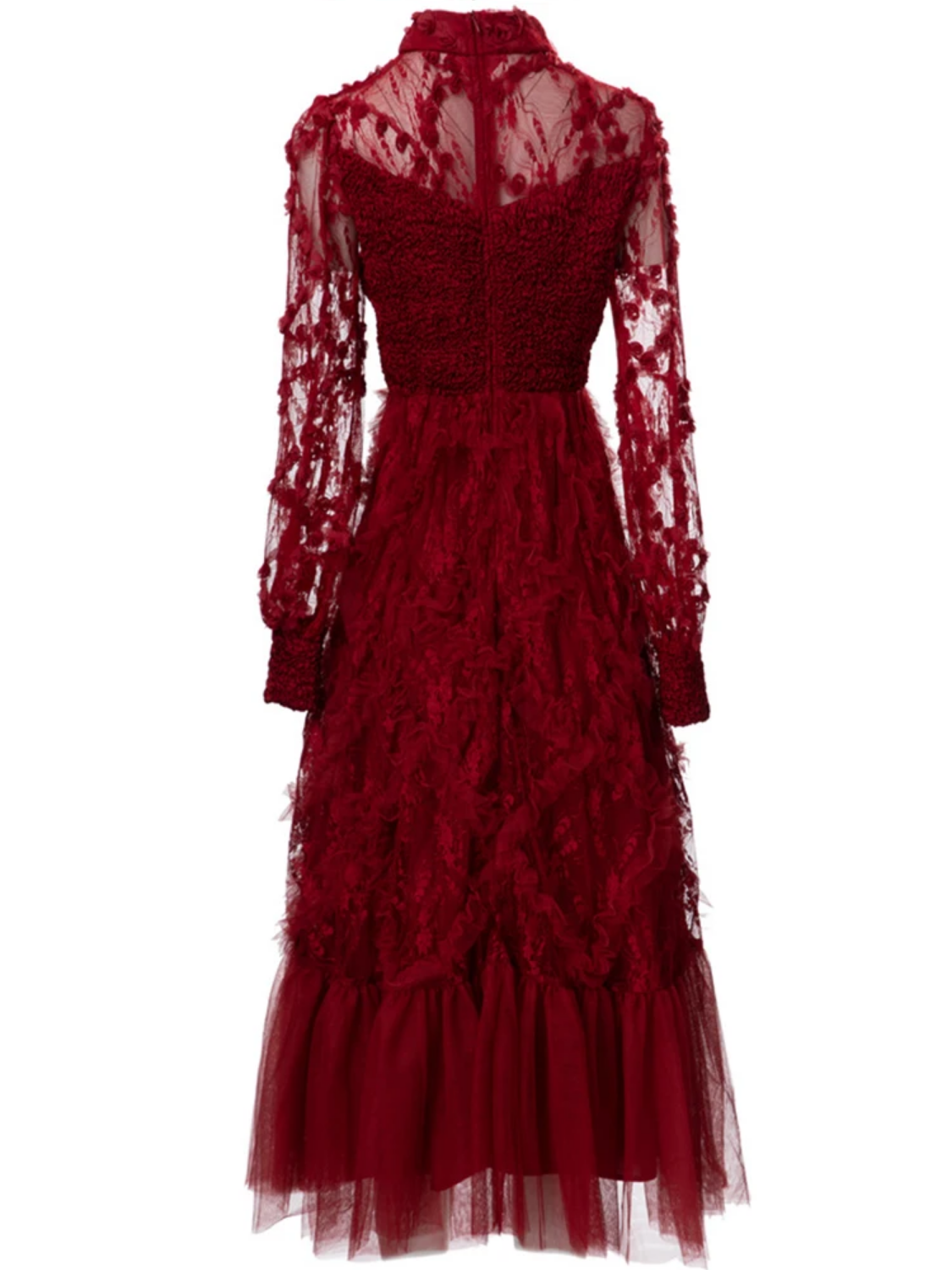 Summer Mesh Lantern Sleeve Lace Ruffle Trim-hem High Waist Red Party Long Dress