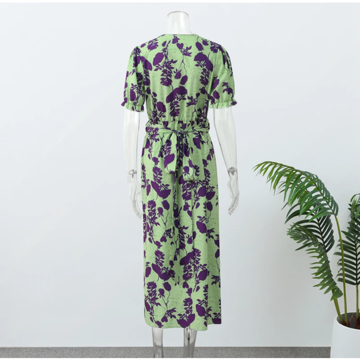 Summer  Contrasting Print Elegant Slim V Neck Short Sleeve Maxi Dresses