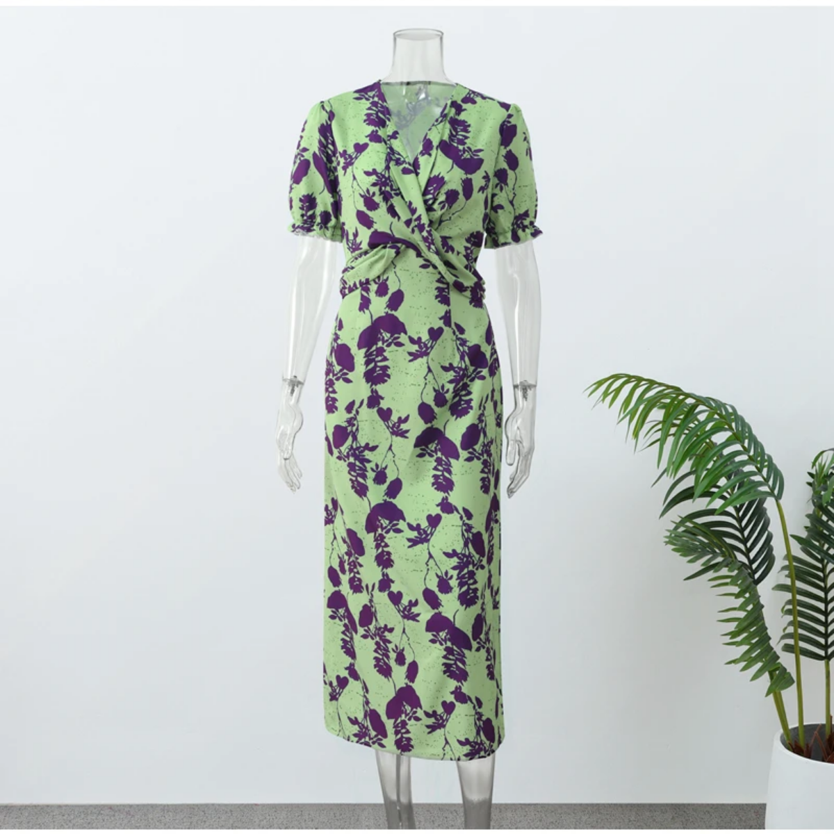 Summer  Contrasting Print Elegant Slim V Neck Short Sleeve Maxi Dresses