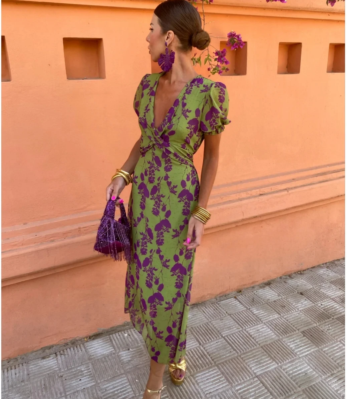 Summer  Contrasting Print Elegant Slim V Neck Short Sleeve Maxi Dresses