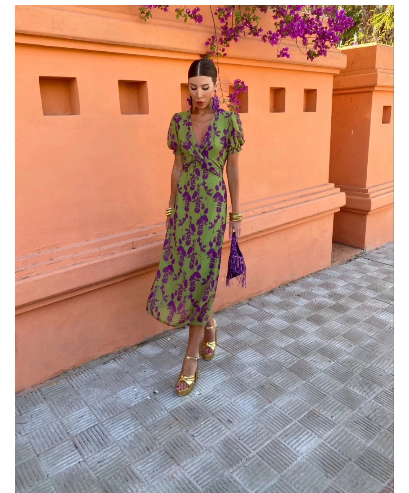 Summer  Contrasting Print Elegant Slim V Neck Short Sleeve Maxi Dresses