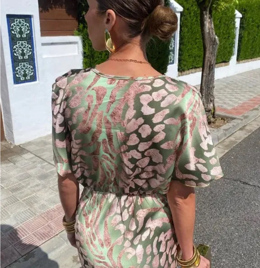Summer  Contrasting Print Elegant Slim V Neck Short Sleeve Maxi Dresses