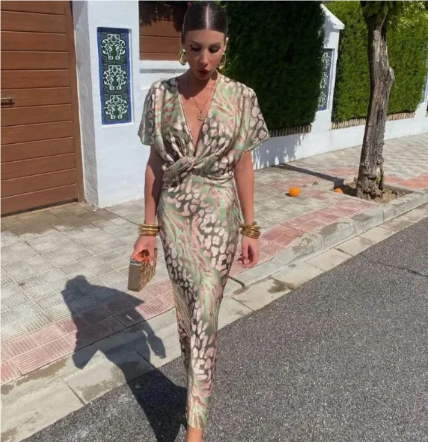 Summer  Contrasting Print Elegant Slim V Neck Short Sleeve Maxi Dresses