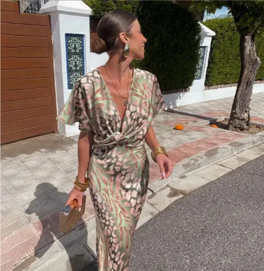 Summer  Contrasting Print Elegant Slim V Neck Short Sleeve Maxi Dresses