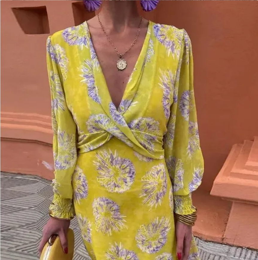 Summer  Contrasting Print Elegant Slim V Neck Short Sleeve Maxi Dresses
