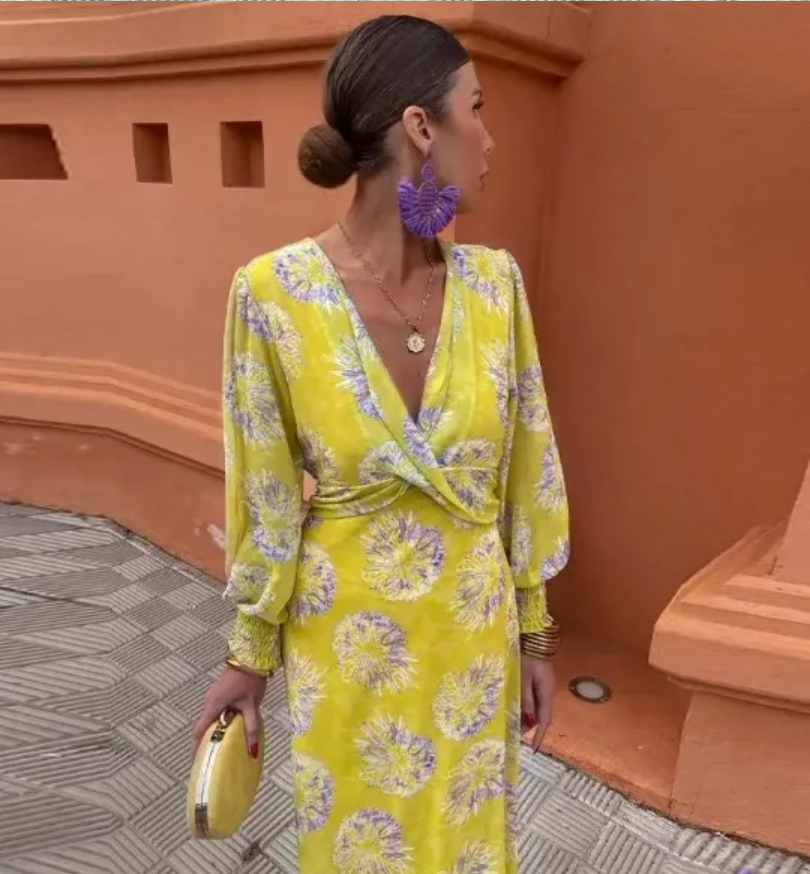 Summer  Contrasting Print Elegant Slim V Neck Short Sleeve Maxi Dresses