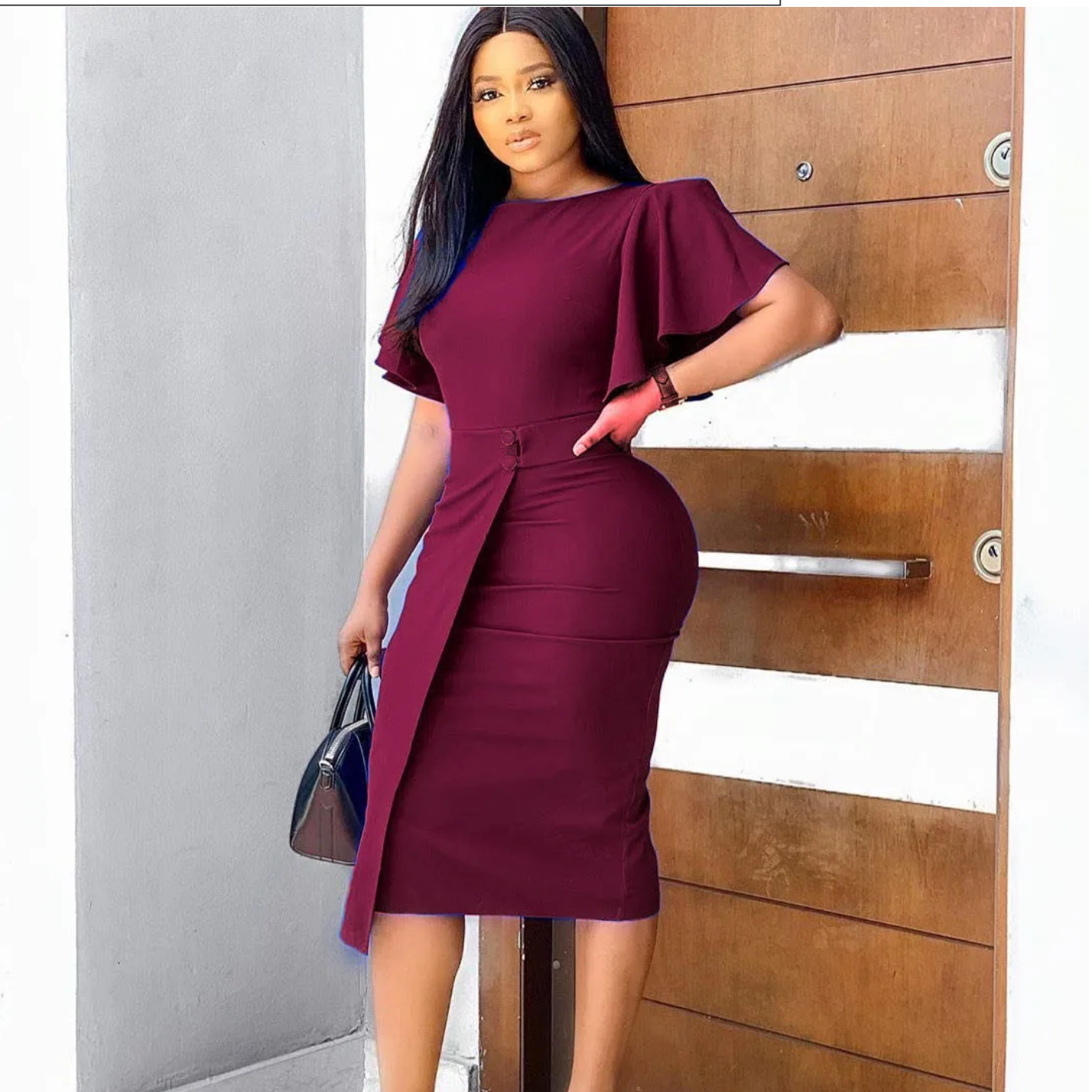 Summer Lotus Sleeve Round Neck Irregular Solid Color High Waist Elegant Dress