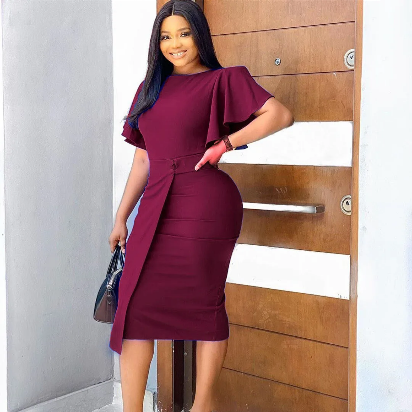 Summer Lotus Sleeve Round Neck Irregular Solid Color High Waist Elegant Dress