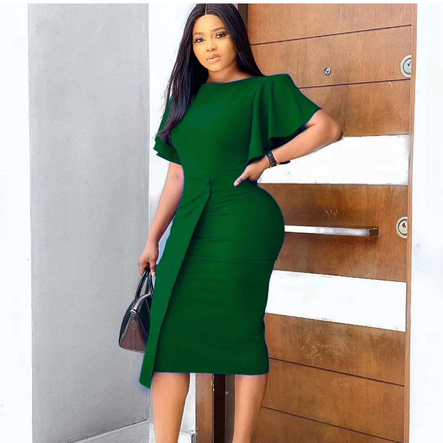 Summer Lotus Sleeve Round Neck Irregular Solid Color High Waist Elegant Dress