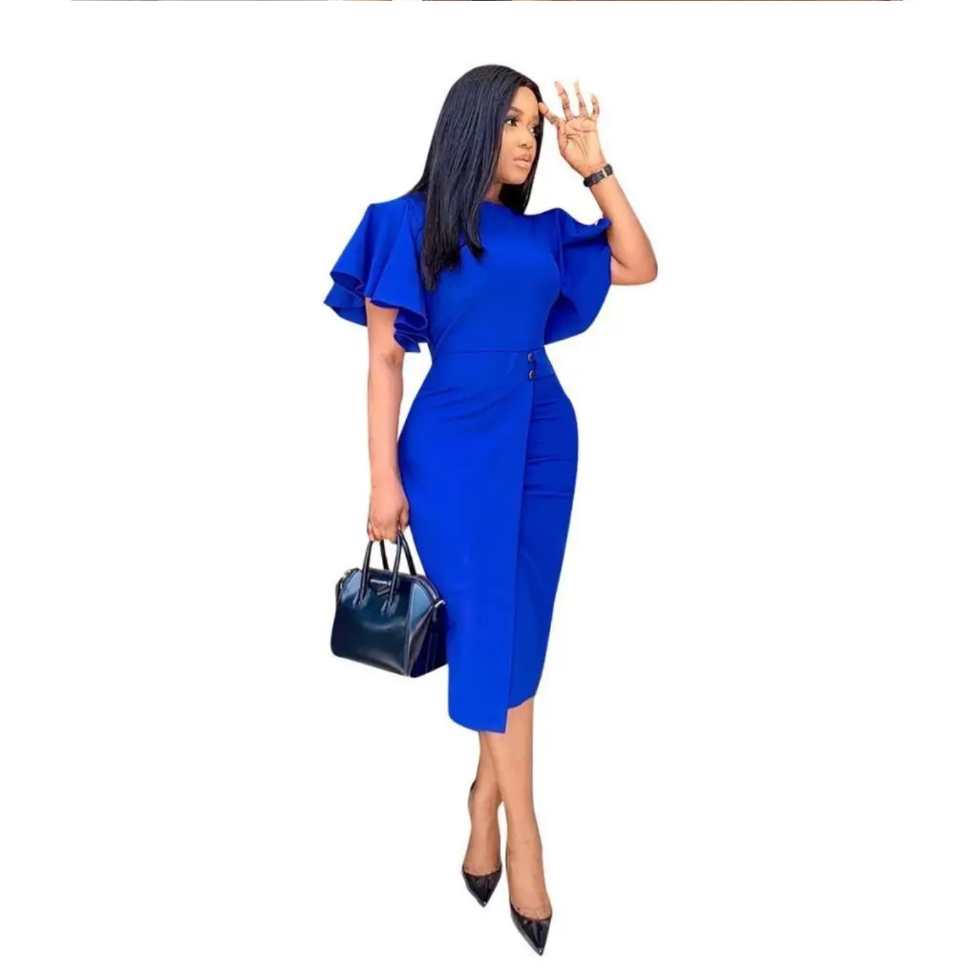 Summer Lotus Sleeve Round Neck Irregular Solid Color High Waist Elegant Dress