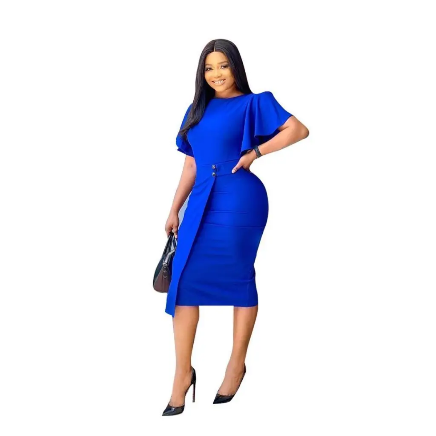 Summer Lotus Sleeve Round Neck Irregular Solid Color High Waist Elegant Dress
