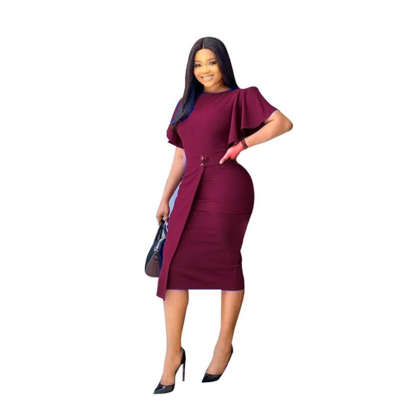 Summer Lotus Sleeve Round Neck Irregular Solid Color High Waist Elegant Dress