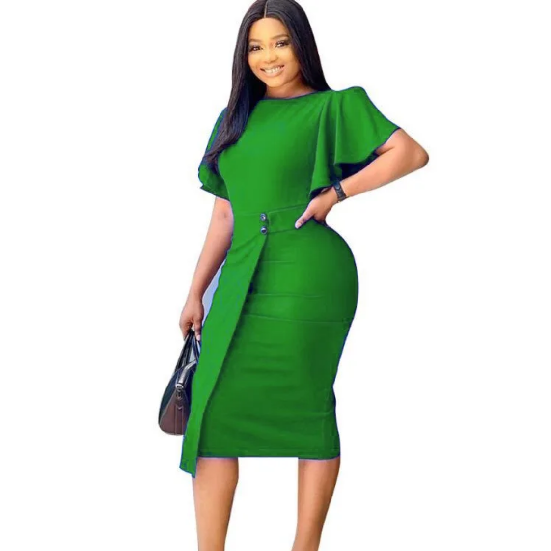 Summer Lotus Sleeve Round Neck Irregular Solid Color High Waist Elegant Dress