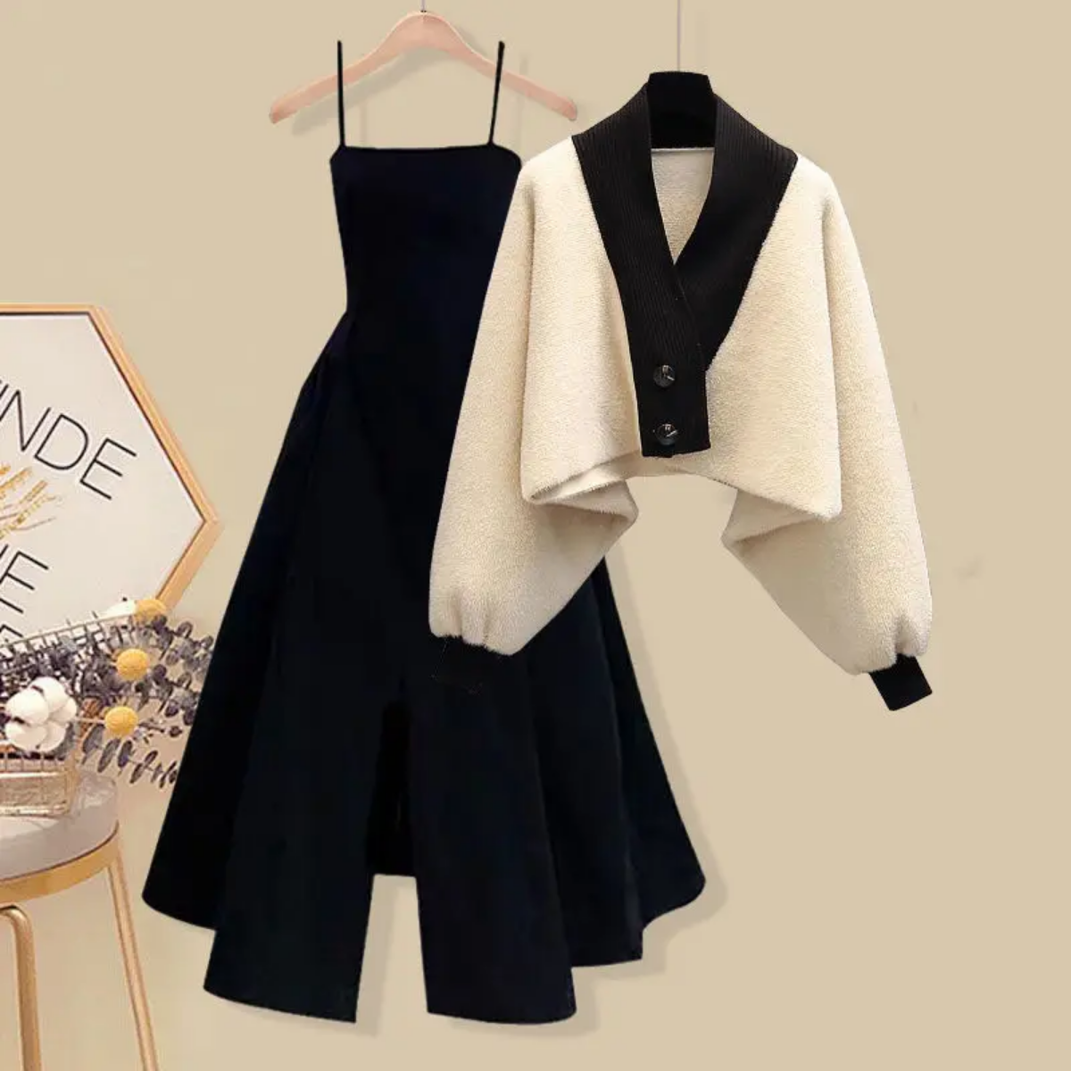 Spring and Autumn Knitted Sweater with Slim Waist and Black Dress Two-piece Set
