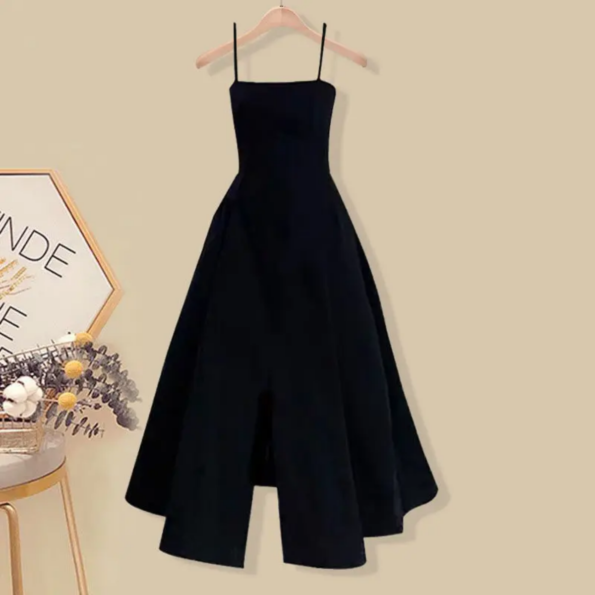 Spring and Autumn Knitted Sweater with Slim Waist and Black Dress Two-piece Set