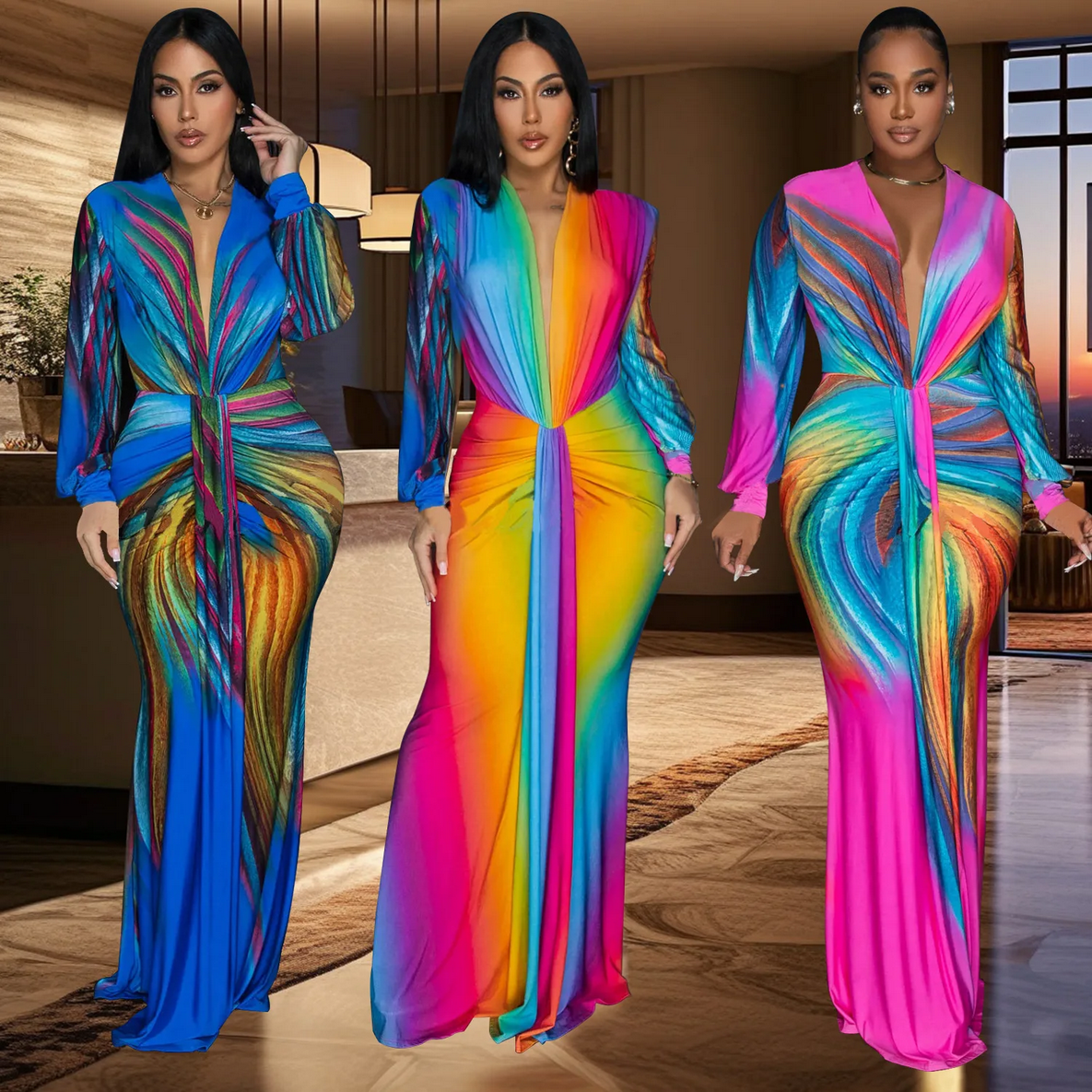 Colorful Printed Slim Fit Long Sleeve Evening Dress Wholesale