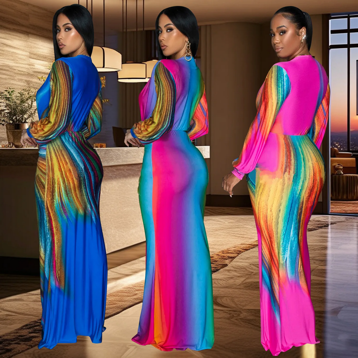 Colorful Printed Slim Fit Long Sleeve Evening Dress Wholesale