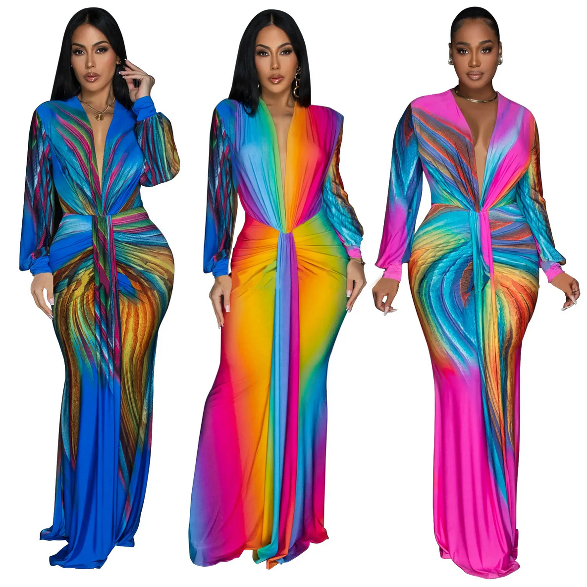 Colorful Printed Slim Fit Long Sleeve Evening Dress Wholesale