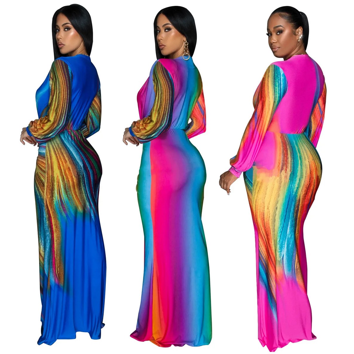 Colorful Printed Slim Fit Long Sleeve Evening Dress Wholesale