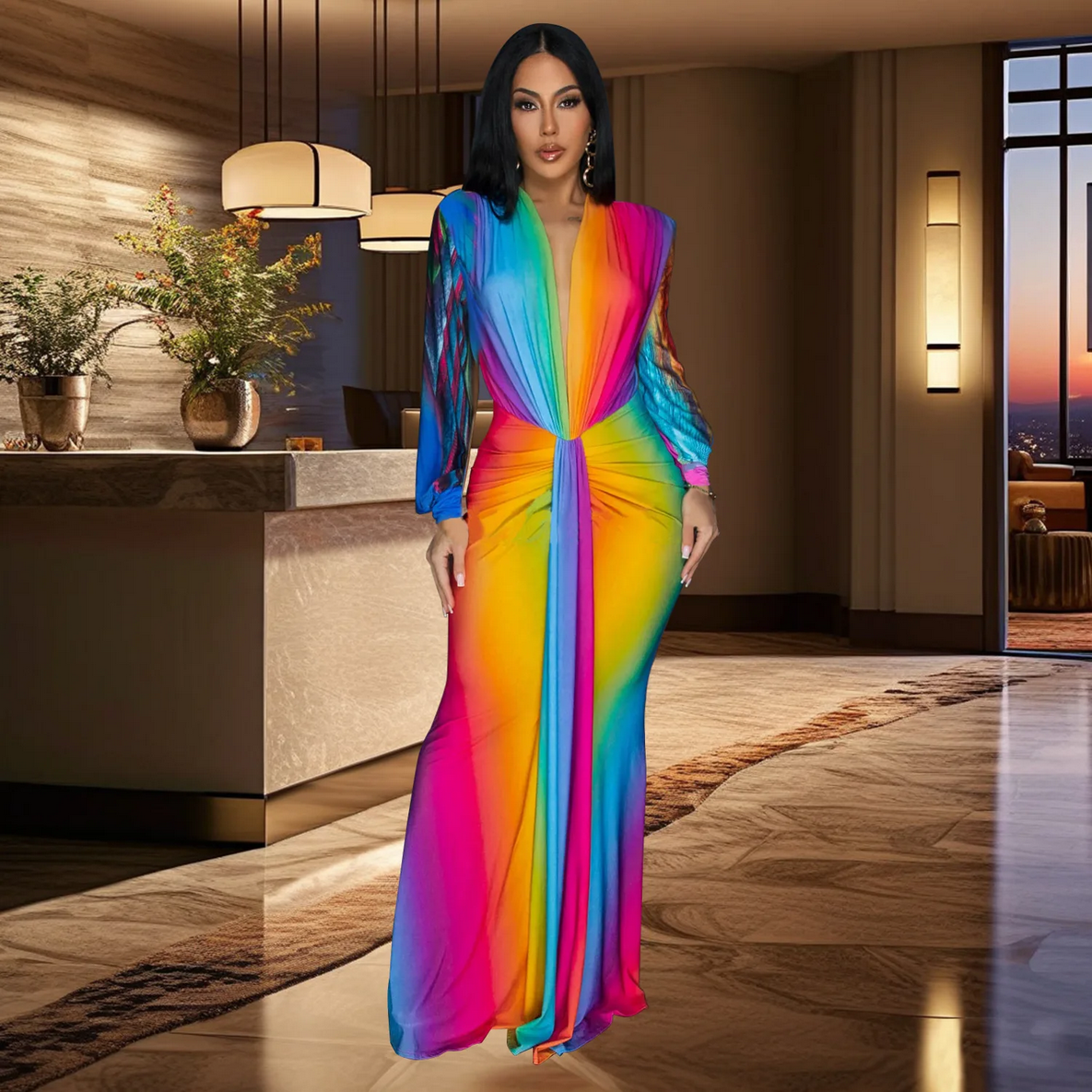 Colorful Printed Slim Fit Long Sleeve Evening Dress Wholesale