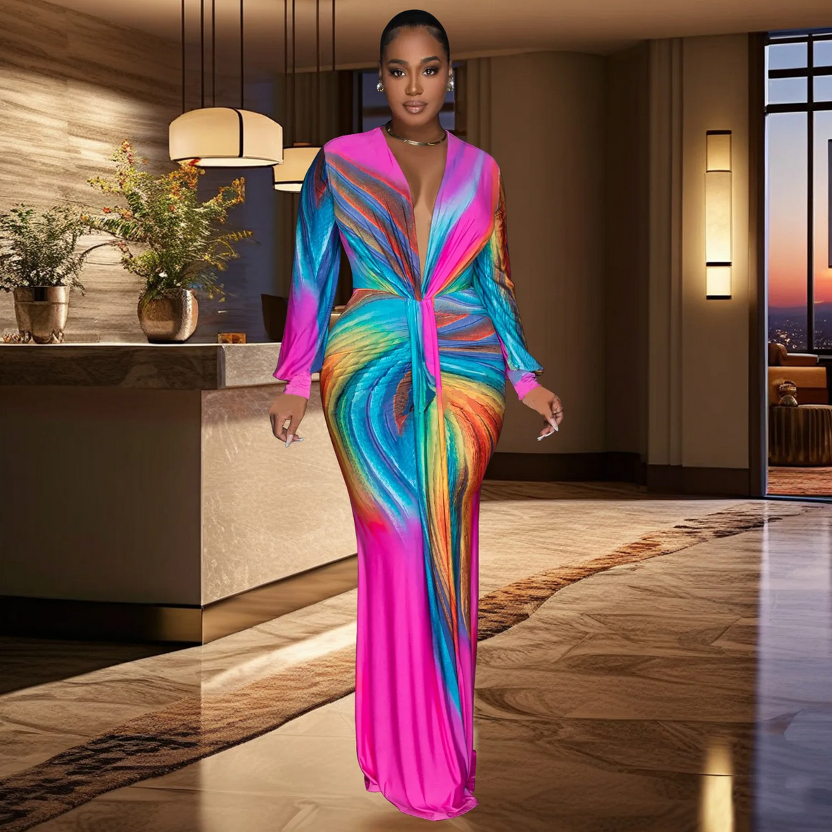Colorful Printed Slim Fit Long Sleeve Evening Dress Wholesale