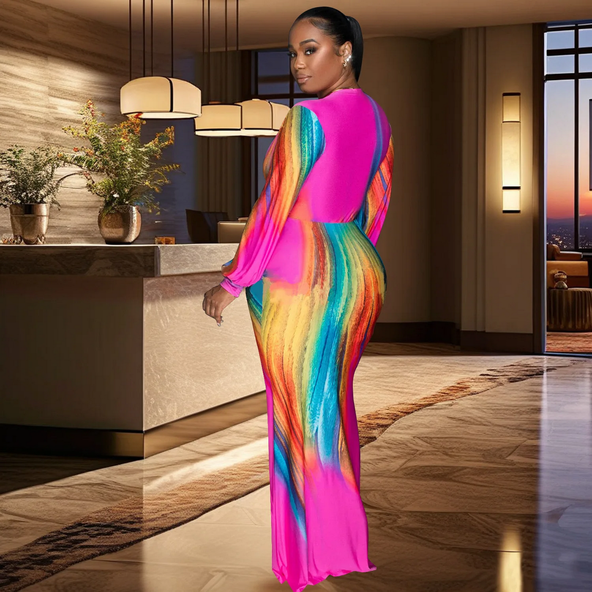 Colorful Printed Slim Fit Long Sleeve Evening Dress Wholesale