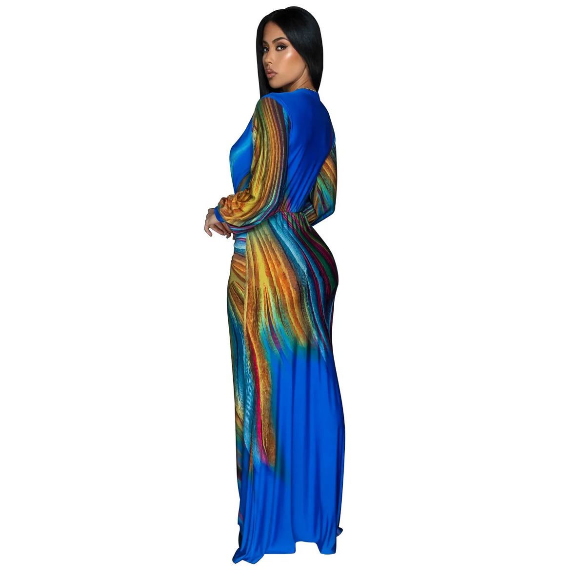Colorful Printed Slim Fit Long Sleeve Evening Dress Wholesale