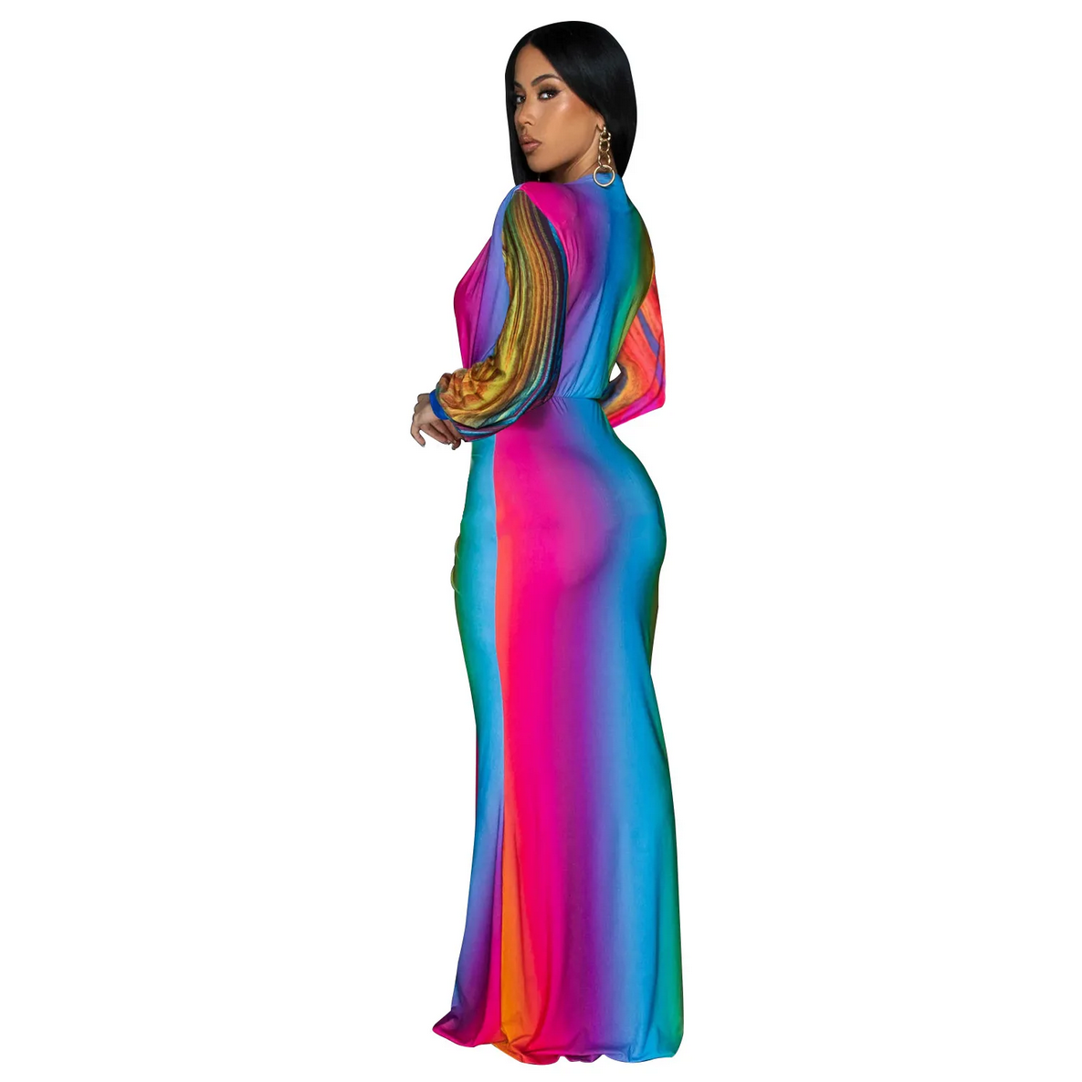 Colorful Printed Slim Fit Long Sleeve Evening Dress Wholesale