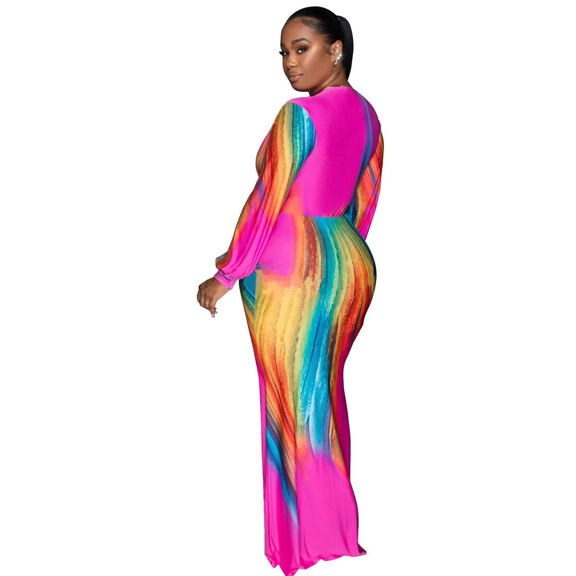Colorful Printed Slim Fit Long Sleeve Evening Dress Wholesale