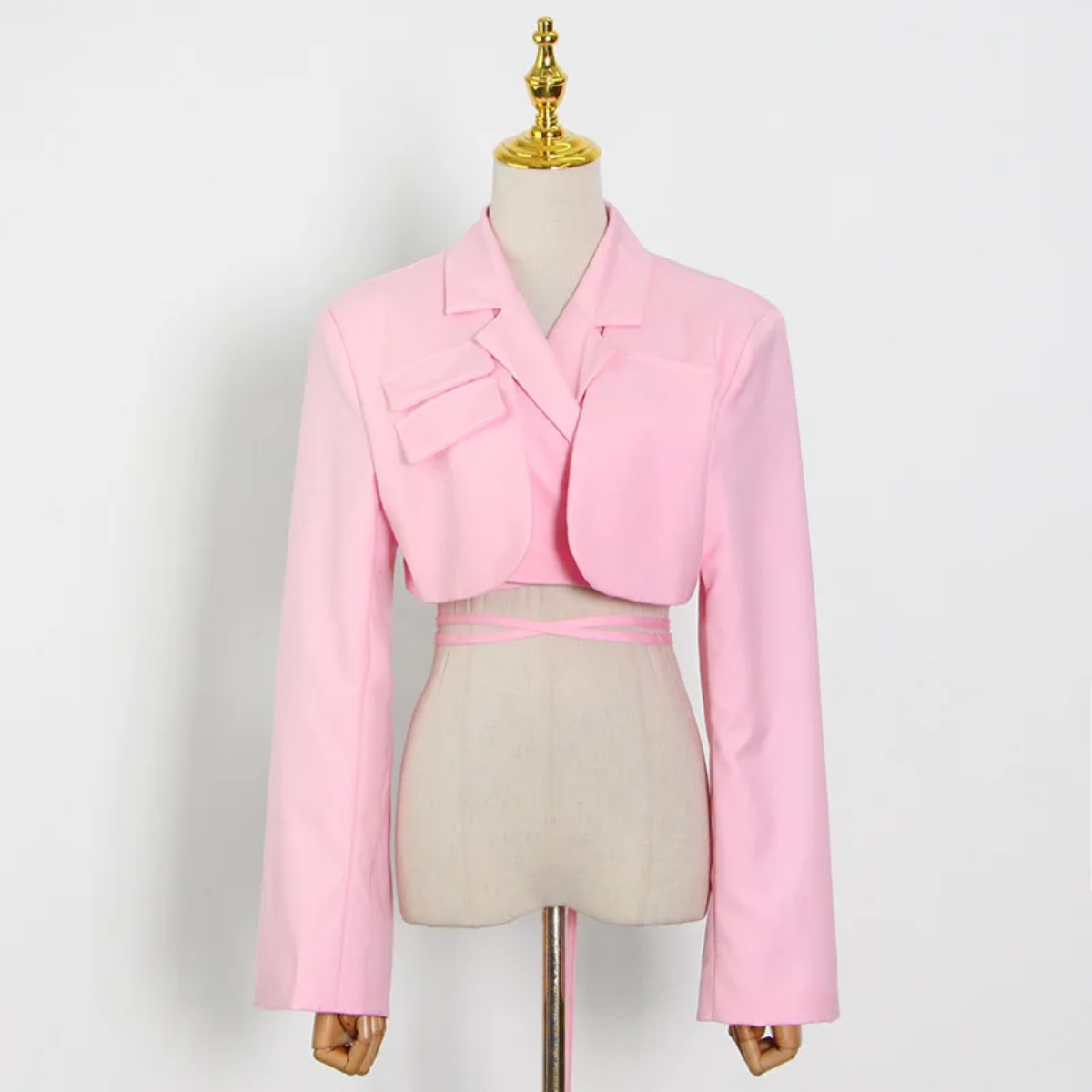 Double Layer Bandage Slim Long Sleeve Pocket Short Jacket New