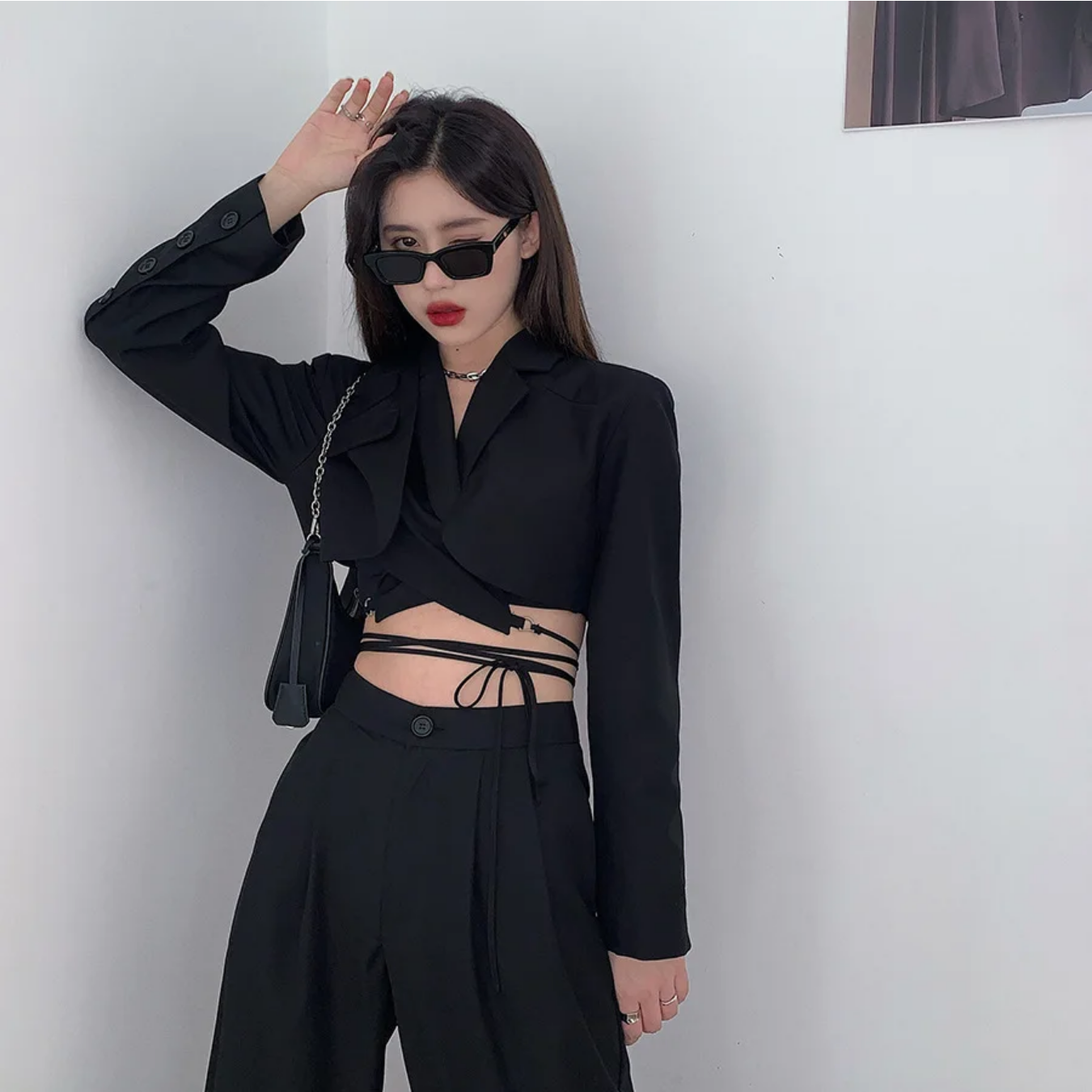Double Layer Bandage Slim Long Sleeve Pocket Short Jacket New