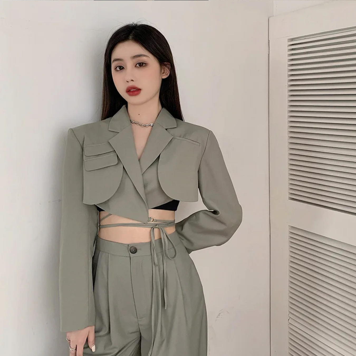 Double Layer Bandage Slim Long Sleeve Pocket Short Jacket New