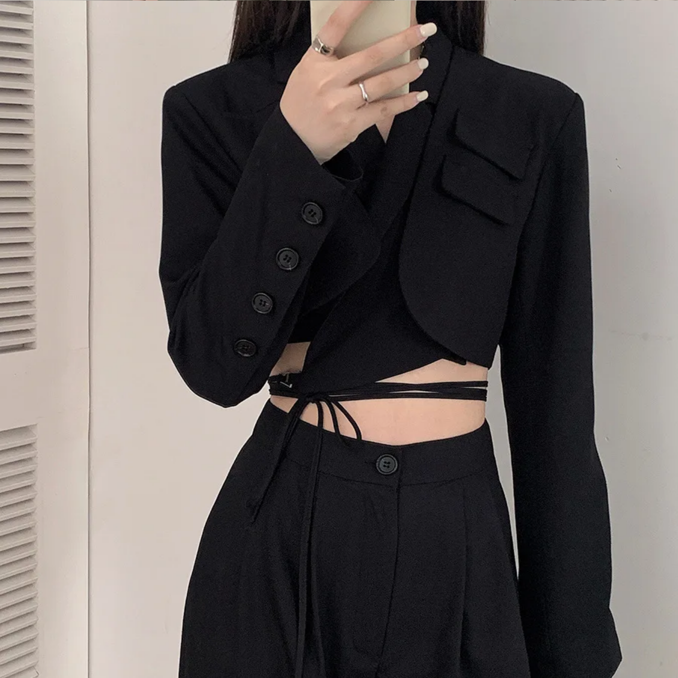 Double Layer Bandage Slim Long Sleeve Pocket Short Jacket New