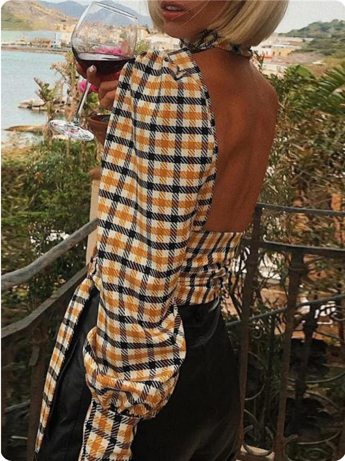 Sexy Backless Turtleneck Plaid Printed  Long Sleeve Elegant Blouse