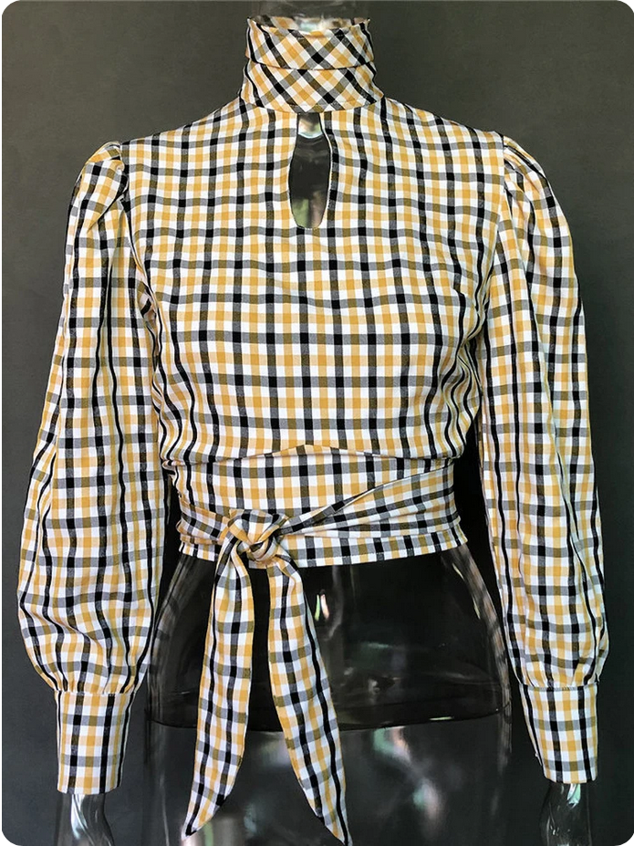 Sexy Backless Turtleneck Plaid Printed  Long Sleeve Elegant Blouse